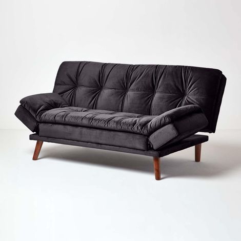 HOMESCAPES Bailey Velvet Sofa Bed with Armrests, Black (1/5)