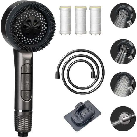 Pommeau de Douche Haute Pression, Pommeau Douche Anti Calcaire 4 Types de Jets Pommeau de Douche Economie Deau avec Tuyau Douche 1.5M et Support de Douche, avec Bouton D'arrêt D'eau, Gris (1/4)