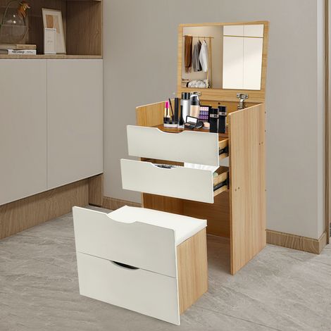 Coiffeuse 3 en 1 avec miroir rabattable pour chambre à coucher, petite coiffeuse compacte avec plateau en verre apparent pour vestiaire, ensemble de coiffeuse avec 3 tiroirs, tabouret rembourré, blanc (1/5)
