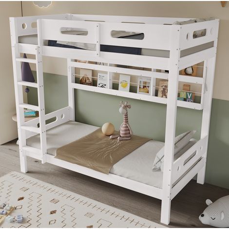 Etagenbett 90x200 cm Weiß Natur aus Massivholz und MDF mit Fallschutzgitter, Leiter und Regalen (1/5)