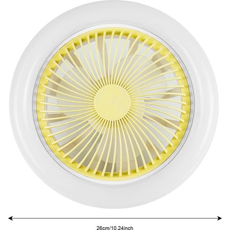Ventilateur plafonnier E27 3 vitesses abat-jour acrylique jaune 26cm lumière blanche froide 6500K pour chambre salon bureau (1/4)