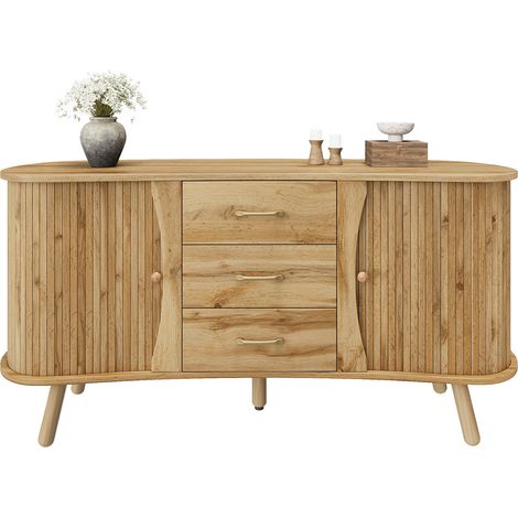 Buffet en forme de pois avec motif rainuré, deux portes coulissantes et trois tiroirs, compartiments réglables en hauteur, pieds en bois massif, aspect bois, matériau MDF, style scandinave moderne