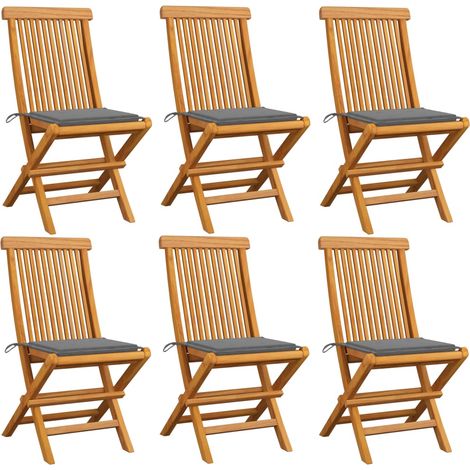 Lot de 6 Chaises de jardin avec coussins gris Fauteuil de Jardin Chaise d'extérieur Bois de teck massif 39435 (1/5)