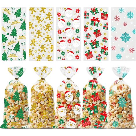 Set of 100 Christmas cookie bags, 5 styles of candy bags, 120 gold ribbon candy bags, Christmas gift bags to fill, Christmas gift bags for cookies, chocolates, candy (1/5)