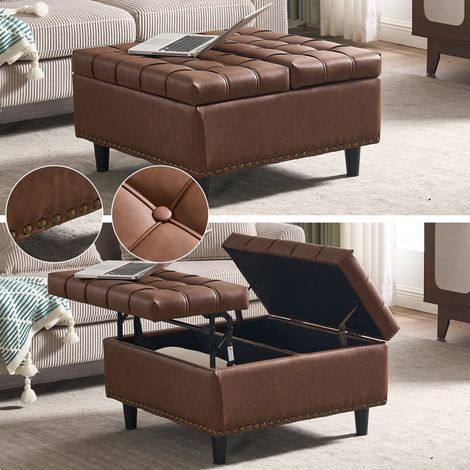 panca 75x75x41cm con ampio vano contenitore - panca imbottita design quadrato - lino - marrone