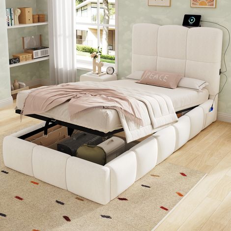 REDOM - Letto per bambini 90x200 cm con vano contenitore idraulico, rete, testiera in velluto beige (Senza materasso) (1/5)
