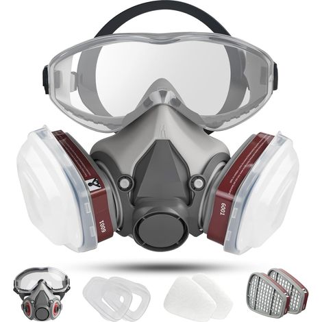 Masque Anti Poussiere avec Lunettes de Sécurité et Filtre, Masque Respiratoire Demi-Visage, Masque à Gaz pour Ponçage, Travaux de Construction,Produits Chimiques, Travail du Bois, Agriculture (1/5)
