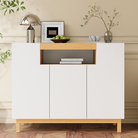 Aparador bajo de cocina 120.5x42x96 cm, mueble de almacenamiento para salón y comedor, cómoda de 3 puertas con estantes de madera de estilo moderno, Blanco (1/5)