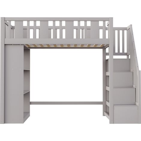 Hochbett 90 x 200 cm grau mit Stauraumtreppe und 3 Fächern (1/5)