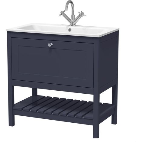 Coppenhall Contemporary 1 Drawer Floor Standing Vanity Unit with Stone Basin, Indigo Blue, 800mm