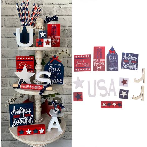 Set aus 6 Holztablett-Dekorationen im Stil des amerikanischen Unabhängigkeitstags, ideales Partygeschenk. (1/5)