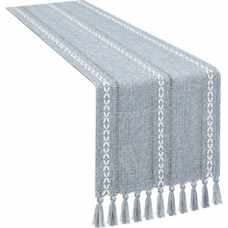 Chemin de table à pompons ajourés tissé à la main, couleur unie, polyester, nappe de Noël, vert et bleu 33 x 122 cm, bleu fumé ajouré (1/5)