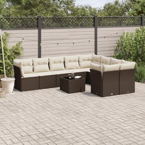 Ensemble de salon de jardin 10 pièces en résine tressée marron avec verre trempé et rangement, coussins blanc crème lavables (1/3)