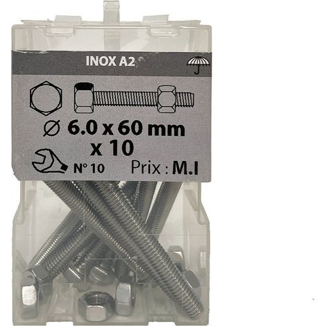 10 vis 6 x 60mm tête hexagonale + écrou inox A2 - Viswood