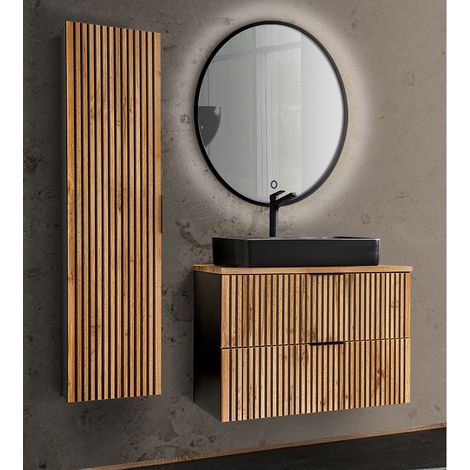 Badezimmer Set mit Waschtisch, Hochschrank, Spiegel XANTEN-56 in anthrazit mit Eiche Nb. Rillen schwarz, B/H/T: ca. 130/200/46,5 cm (1/5)