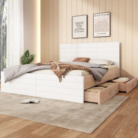Lit double 140x200 cm blanc et effet chêne avec matelas H3 7 zones, 2 tiroirs modulables, sommier à lattes inclus (1/5)