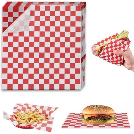 100 Fogli di carta da forno antigrasso per hamburger  Carta da forno impermeabile e resistente all'olio  Fogli a quadretti per cestini  Carta cerata antiaderente  25 x 28 cm (1/5)