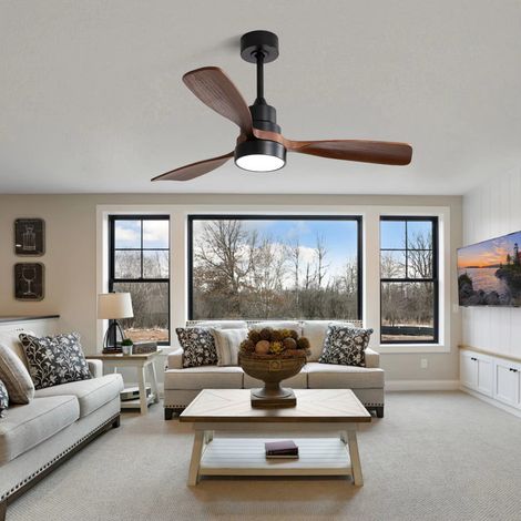 Ventilateur de plafond en bois 122 cm avec 3 pales massives, moteur DC réversible économe, télécommande, idéal salon et séjour