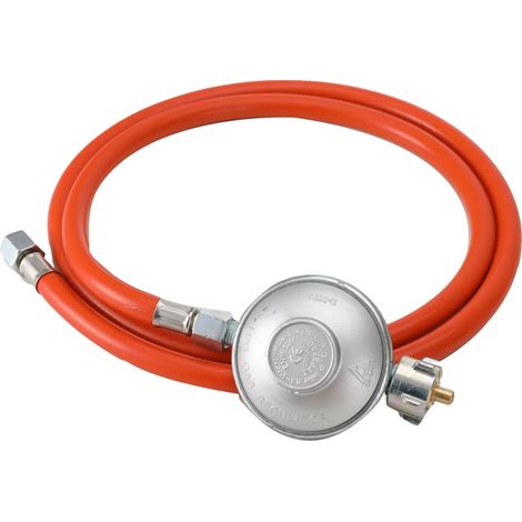 Manguera de gas de 150 cm de longitud, regulador de presión de 30 mbar, rosca izquierda de 1/4", para bombonas de gas propano, solo para uso en exteriores. (1/5)