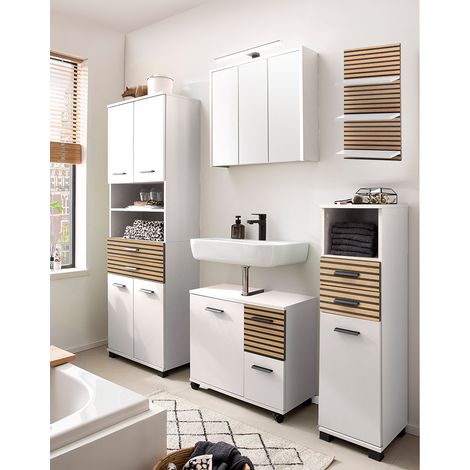 Badmöbel Set, inkl. Spiegelschrank mit Beleuchtung, weiß matt, Akustikpaneel-Optik KANE-80 (1/5)