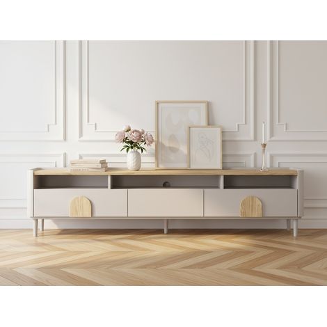 BOBOCHIC - Meuble TV 1 porte 2 tiroirs 200 cm ENYRA pieds en bois massif   Beige