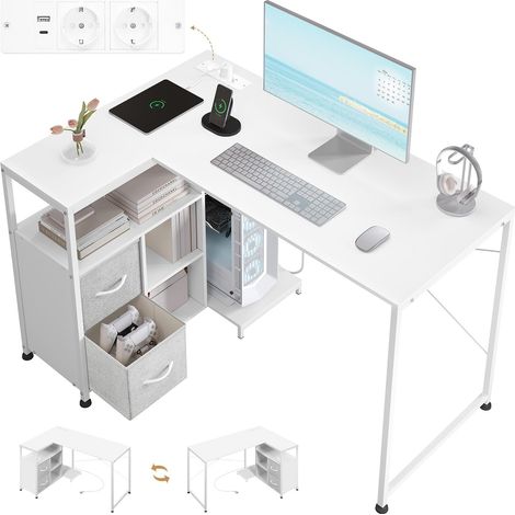 WOLTU  L Shaped Corner Desk with Bookshelf Reversible Shelf and Sockets USB-A Type-C Corner Desk For Home Office Study White