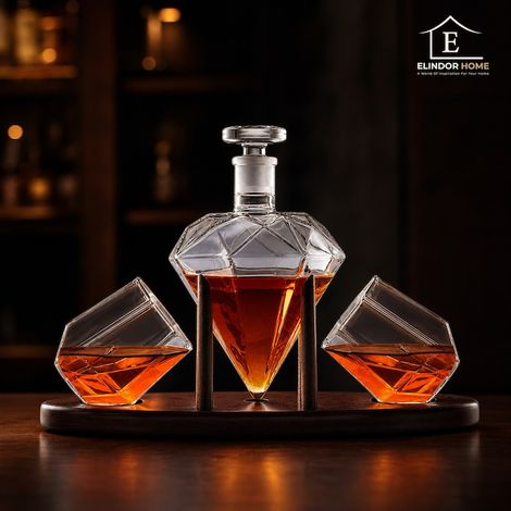 Diamant-Whisky-Dekanter-Set, Glas, mit 2 Gläsern, geeignet für Whisky, Cognac, Scotch, Bourbon und Wein, ideales Geschenk, klassisches Design, Holzständer, 750 ml, transparent (1/5)