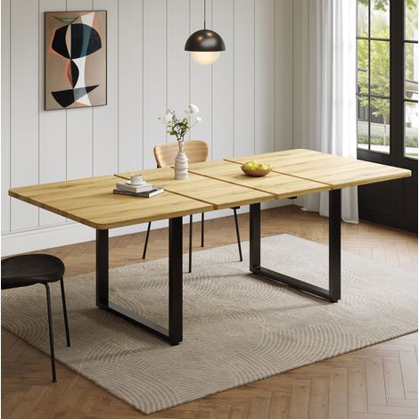 Mesa de comedor extensible 140/180/220 x 80 cm para 6-10 personas, estructura estable, MDF natural (1/5)