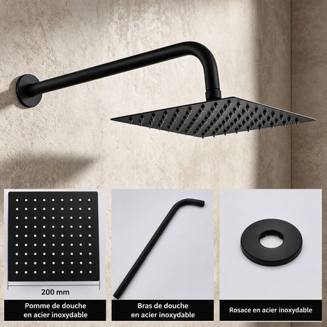 Ensemble de douche encastré mural noir mat avec tube rond 40 cm et pommeau de douche carré, 45 × 18 × 13 cm, 500 g – Livraison gratuite