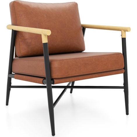 COSTWAY Fauteuil Salon Rembourré en Cuir Synthétique avec Accoudoir, Chaise Ergonomique avec Coussin de Dossier Amovible et Structure Métallique, pour Salon, Chambre, Bureau, Marron (1/5)