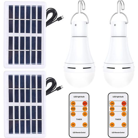 Ampoule LED Solaire Lot de 2 Lampe d'Urgence Portable Étanche IP65 avec Télécommande Modes Réglables et Minuteur pour Intérieur Extérieur Camping (1/5)