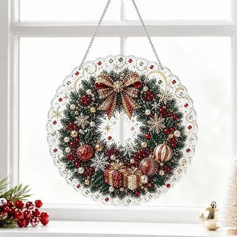 Kit de décoration suspendue de Noël en perles de diamant, peinture diamant à faire soi-même, attrape-soleil, décoration murale de Noël FA D(20cm) (1/5)