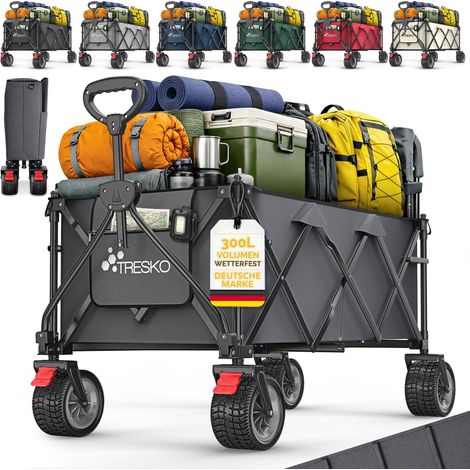 TRESKO® Bollerwagen faltbar 300L mit Bremse Rot Handwagen klappbar 150kg inkl. Vollgummireifen Faltbarer Strandwagen mit Extra Breite All-Terrain-Räder Gartenwagen Transportwagen mit Tragetasche (1/5)