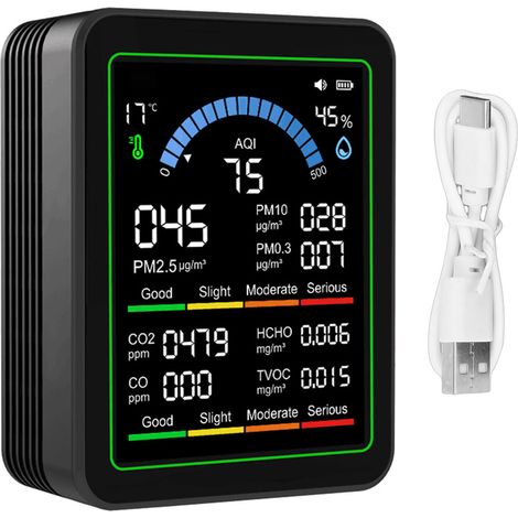 Testeur de qualité de l'air 10 en 1 CO2 TVOC HCHO PM2.5 PM10 PM0.3, détecteur Portable noir (1/5)