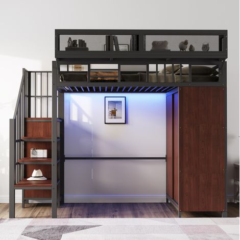 Lit mezzanine en métal et bois noir 90x200 cm avec armoire, LED, échelle rangement et sécurité (1/5)