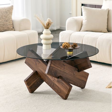 Table basse ronde en verre trempé et MDF noyer HAVRYA (1/5)