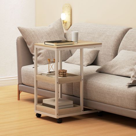Table d'appoint en forme de C avec roulettes, étagères ouvertes et structure en acier pour salon ou chambre, 51 x 33 x 66 cm, naturel et blanc (1/5)