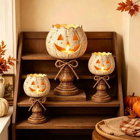 Coffret 3 bougeoirs citrouille Halloween résine petit+moyen+grand lampe électronique (1/2)
