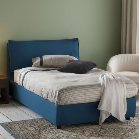 Talamo Italia Cama de plaza y media Desirée, Cama contenedor con revestimiento de tela, 100% Made in Italy, Apertura frontal, con colchón Cm 120x190 incluido, Azul, con embalaje reforzado (1/5)