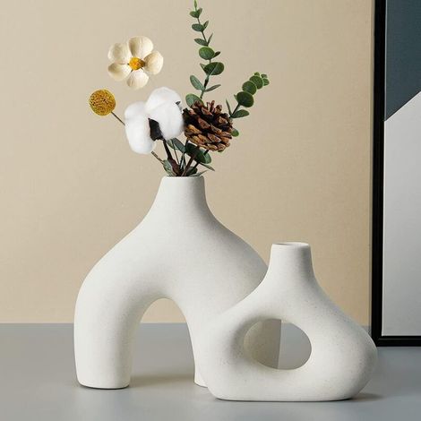 Ensemble de 2 vases en céramique blanche, décoration de style minimaliste moderne, vases parfaits pour salon, mariage, bureau et chambre (1/4)
