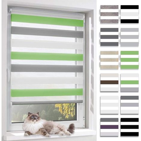Store Enrouleur Jour Nuit,Tissu Double,Rideau sans Perage,Translucide Occultant Protection Vie privée,pour Fenêtre et Porte,(Largeur du Tissu 50 cm),Vert-Gris-Blanc,50l x 120L cm (1/5)