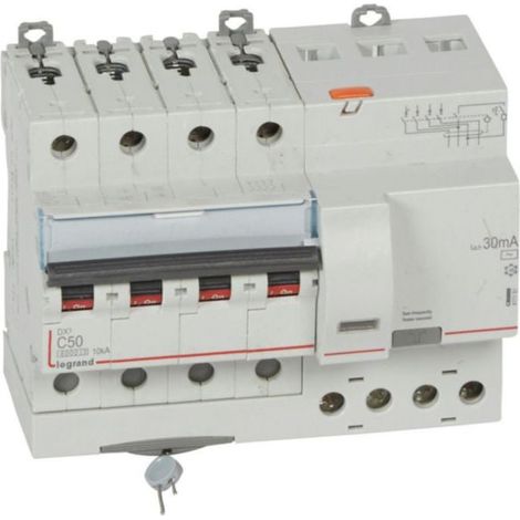 Disjoncteur différentiel monobloc DX³6000 10kA arrivée haute et départ bas à vis 4P 400V - 50A - typeAC 30mA - LEGRAND