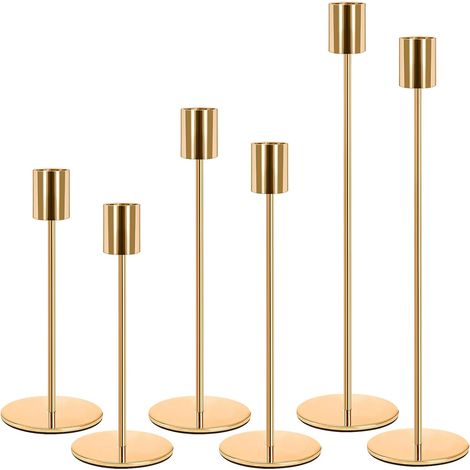 Chandelier Bougeoir Dorés 6Pcs Rétro Métal Hauts Bougie Chandelier, Coniques Bougeoir Decoratif,Chandelier de Mariage,33/28/22 cm Candélabre pour Salle À Manger Salon d'anniversaire Décor (Doré)