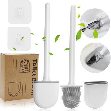 Lot de 2 brosses WC en silicone et supports pour salle de bain - Brosse WC plate et flexible - Sans gouttes - Fixation murale - Poils pliables pour le nettoyage des coins - Gris et blanc (1/5)