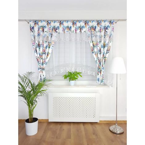 Rideau prêt à poser avec voilages décorés de roses - blanc (1/5)