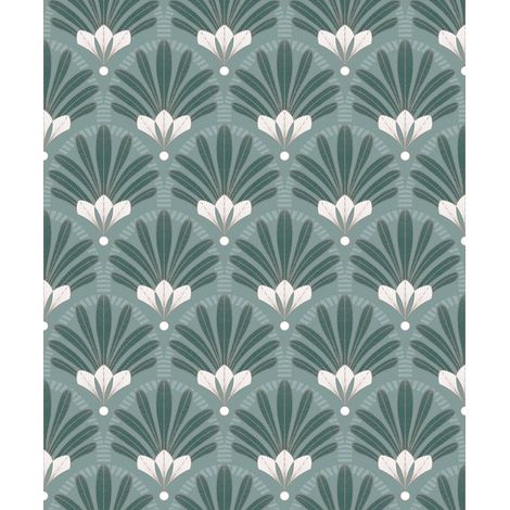 Papier peint éventails Art Nouveau bleu canard
