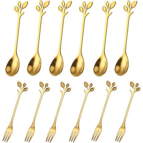 12 Pièces Cuillère à Café, Cuillère à Café Cadeau, Mini Cuillère Café, Cuillère à Café Inox, Cuillères à Dessert Et Fourchettes Or Set, pour Fête, Restaurants, Café, Passe au Lave-Vaisselle (Doré) (1/5)