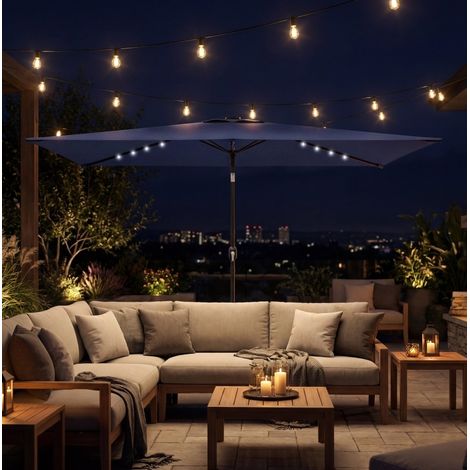Parasol de balcon 300x200 cm bleu marine en polyester avec LED solaires, inclinable, manivelle et housse (1/3)