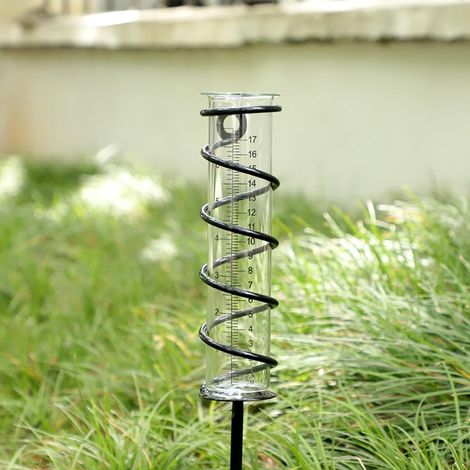 17 cm großer Regenmesser aus Glas für den Außenbereich mit Metallpfahl und Erdspieß – Regenmesser für Garten, Rasen, Terrasse, Landschaft, Hinterhof (1/5)