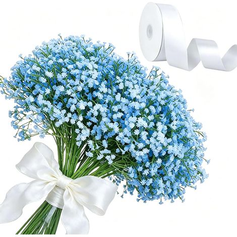 20 Pièces Gypsophile Artificiel, 29 cm Fleurs Gypsophiles en Vrac au Toucher Réel avec 22M de Ruban Satin pour Bouquet de Mariée Décoration Nuptiale et Maison (Bleu) (1/5)